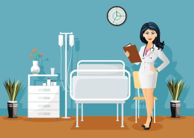 Hastane koğuşunda, hastane odası iç - vektör çizim tıbbi kayıt tutan kadın doktor stetoskop ile 