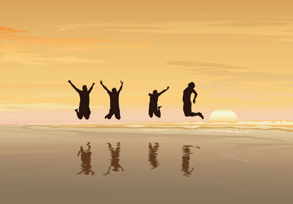 Concetto Libertà Indipendenza Sfondo Silhouette Persone Felici Saltare Sulla Spiaggia — Vettoriale Stock