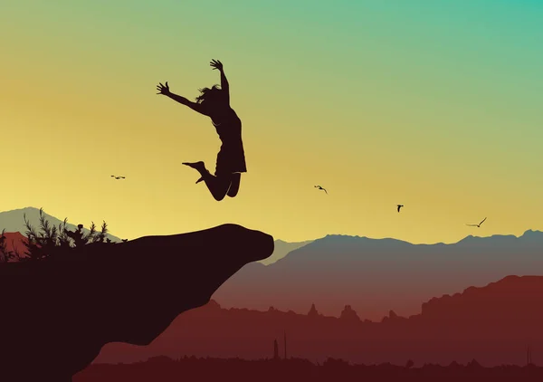 自由和独立概念背景 一个快乐的女人的剪影在山顶上跳跃 向量例证 — 图库矢量图片