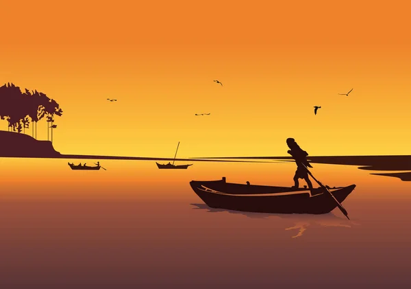 Coucher Soleil Avec Rivière Silhouette Homme Bateau Aviron Vecteur — Image vectorielle