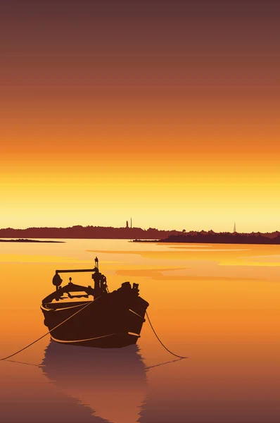 日没のベクトルの背景の川のボートのシルエット 携帯電話の壁紙イラスト — ストックベクタ