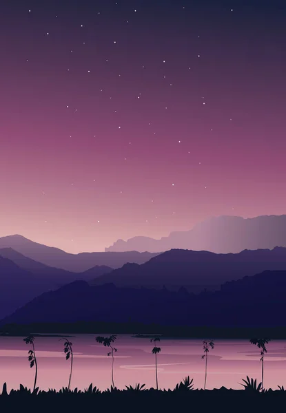 Vista Fondo Naturaleza Retrato Montaña Con Río Bajo Cielo Rosa — Vector de stock