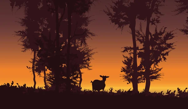 自然向量背景 森林日落风景与山羊例证 — 图库矢量图片