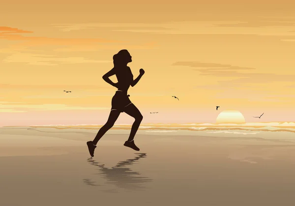 Silhouette Girl Running Beach Fitness Woman Walking Jogging Exercise Vector — Stock Vector