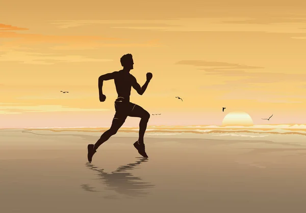 Silhouette Man Running Beach Fitness Boy Walking Jogging Exercise Vector — Stock Vector