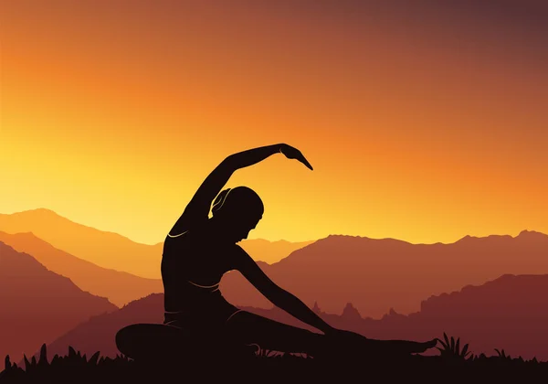Fond Yoga Silhouette Femme Faisant Yoga Sur Montagne Illustration Vectorielle — Image vectorielle