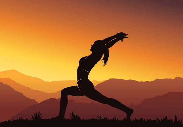 Fond Yoga Silhouette Jeune Femme Pratiquant Yoga Montagne Illustration Vectorielle — Image vectorielle