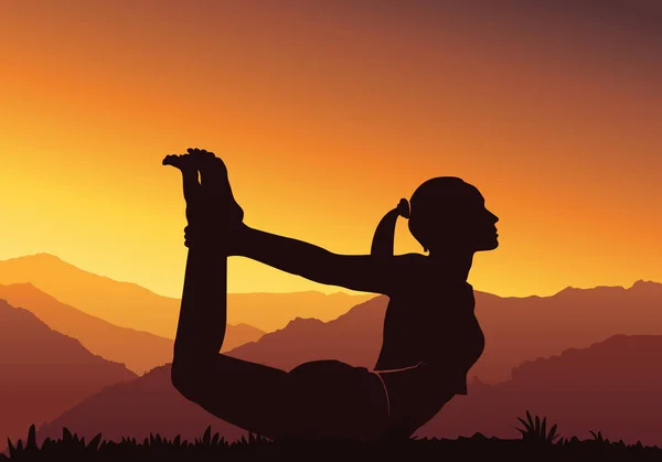 Fond Yoga Silhouette Femme Faisant Yoga Sur Montagne Illustration Vectorielle — Image vectorielle