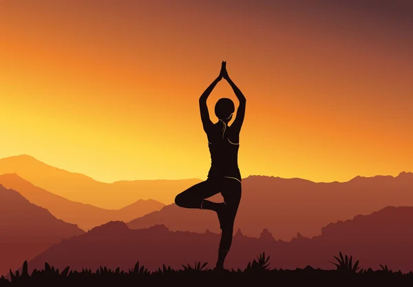 Yoga Hintergrund Silhouette Einer Jungen Frau Die Der Uferpromenade Yoga — Stockvektor