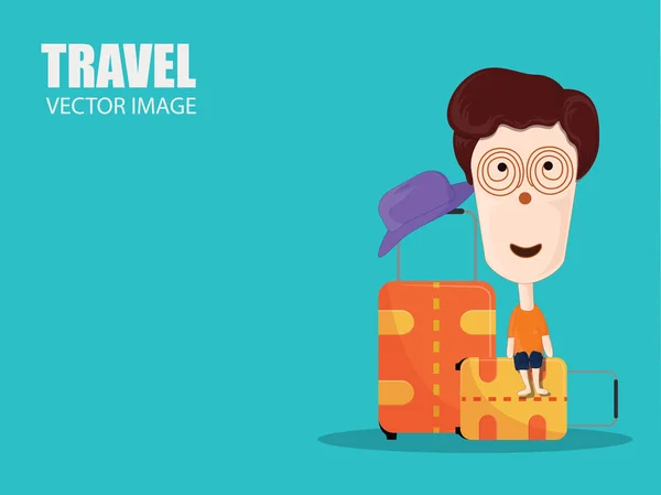 Ταξίδια Και Τουρισμός Banner Χαριτωμένα Κινούμενα Σχέδια Χαρακτήρα Τις Αποσκευές — Διανυσματικό Αρχείο