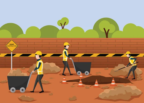 道路建設のベクトル 新しい道を造るプロセス 労働者のグループは道を修復 — ストックベクタ