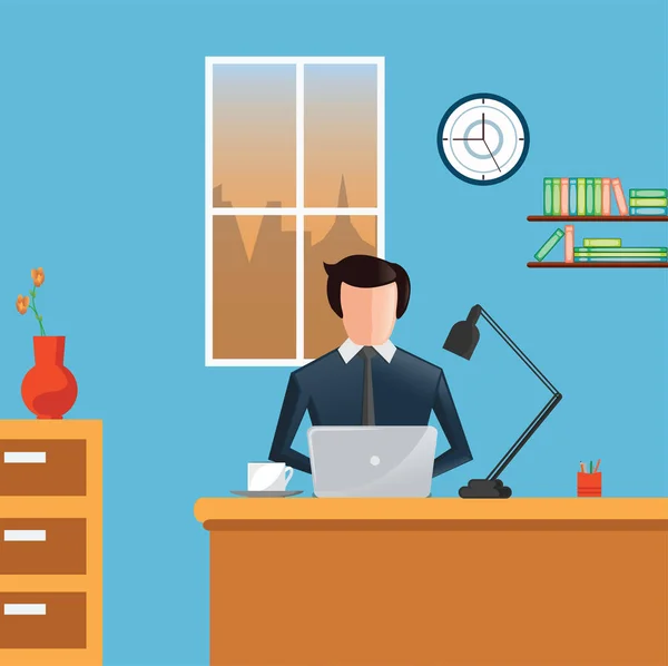 Ofis Masası Dizüstü Bilgisayar Üzerinde Çalışan Takım Elbiseli Adamı Ofis — Stok Vektör