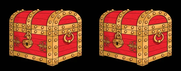 Cassapanche in legno vintage rosso con serrature aperte e chiuse . — Vettoriale Stock