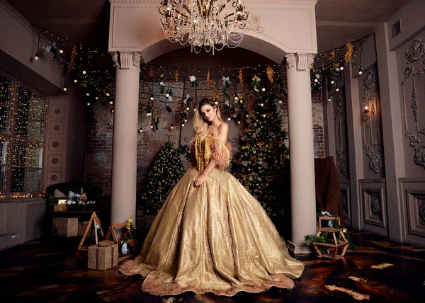Şatonun lüks şatosu gikarny parlak altın elbisesi içinde korse üzerinde uzun bir tren ve taşlarla süslenmiş güzel prenses kız. Yeni yıl, Noel ağaçları ve hediyeler. Kraliçe çok mutlu ve gülüyor, sana bir hediye veriyor. Karanlık iç mekan, Shine. .