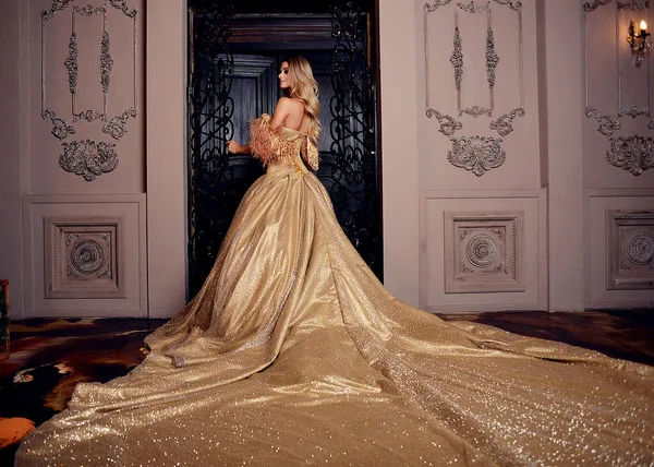 Şatonun lüks şatosu gikarny parlak altın elbisesi içinde korse üzerinde uzun bir tren ve taşlarla süslenmiş güzel prenses kız. Yeni yıl, Noel ağaçları ve hediyeler. Kraliçe çok mutlu ve gülüyor, sana bir hediye veriyor. Karanlık iç mekan, Shine. .