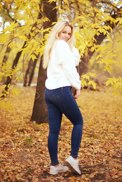 Deux Belles Filles Blondes Marchent Riant Amusant Dans Parc Automne — Photo