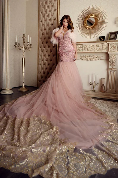 Menina Luxo Bonita Vestido Rosa Com Penas Costurado Com Contas — Fotografia de Stock