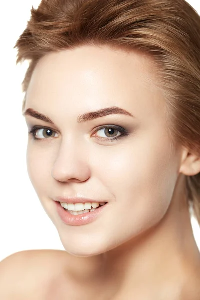 Close up portrait beauty short hair makeup isolated white — Stock Photo, Image