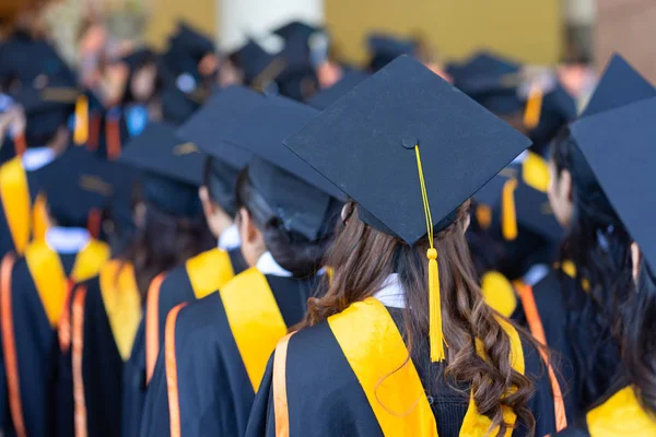 Rearview Soft Selective Focus Graduates Graduation Commencement Ceremony Receiving Diploma — Stock Photo, Image