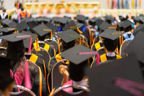 Rearview Soft Selective Focus Graduates Graduation Commencement Ceremony Receiving Diploma — Stock Photo, Image