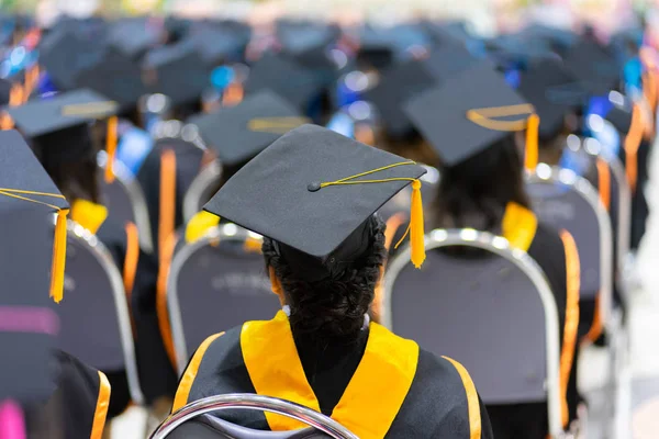 Rearview Soft Selective Focus Graduates Graduation Commencement Ceremony Receiving Diploma — Stock Photo, Image