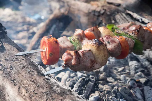 Le fette succose di carne con salsa si preparano in fuoco. — Foto Stock