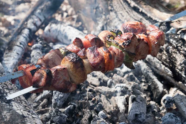 Le fette succose di carne con salsa si preparano in fuoco. — Foto Stock