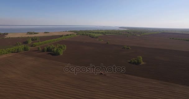 Aérien du tracteur sur le champ de récolte 