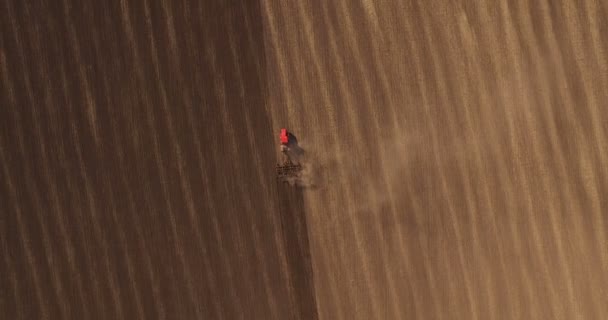 Luchtfoto van de trekker op het oogstveld — Stockvideo