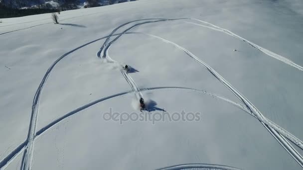 Snöskotrar avgifter ner ett berg i pudersnö — Stockvideo