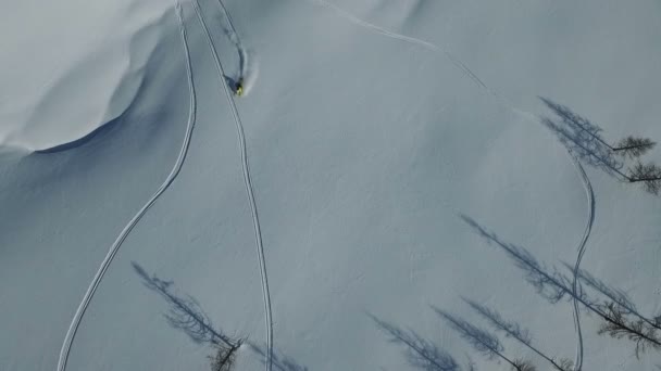 Las motos de nieve bajan por una montaña en nieve en polvo — Vídeos de Stock