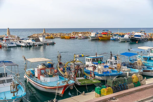 Cyprus Protaras May 2018 Fishermen Moored Boats Pier Village — Stok fotoğraf