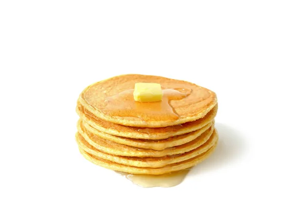 Stapel hausgemachter Mehlflocken-Pfannkuchen mit Butter und Honig — Stockfoto