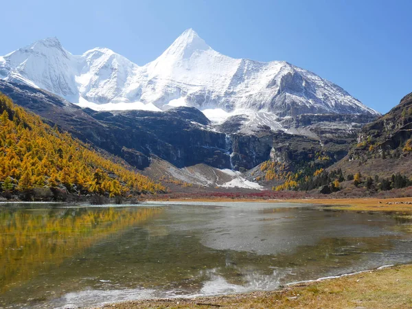 Karla kaplı dağ tepeleri, göl ve bharal manzarası veya mavi sh — Stok fotoğraf