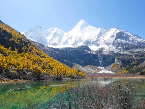 Karla kaplı dağ zirveleri, sonbahar yaprakları ve yeşil lak manzarası — Stok fotoğraf