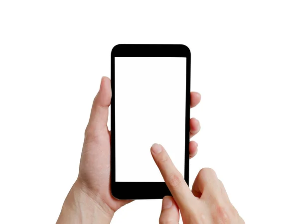 Kezében Fekete Smartphone Elszigetelt Fehér Background Vágógörbével Fehér Képernyő Jogdíjmentes Stock Fotók