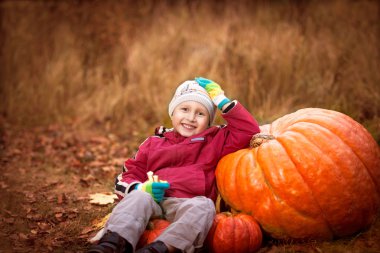 Kabaklar oturan mutlu küçük çocuk