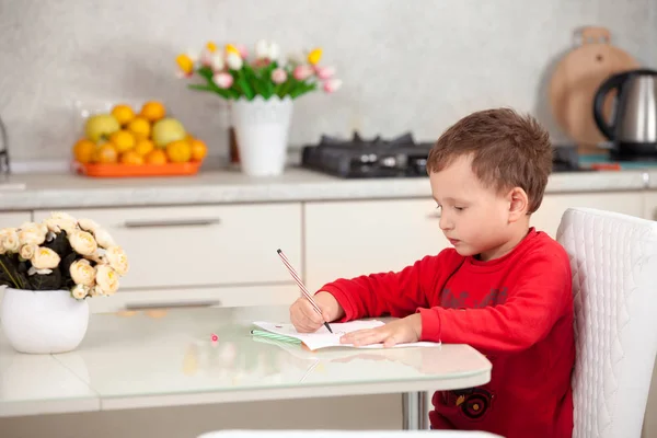 Inspired by the boy draws a picture on the paper at the table — Stock Photo, Image