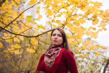 Sarı akçaağaç arka plan üzerinde genç kadın bırakır