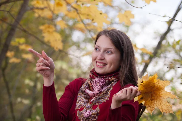 Fiatal nő a háttér sárga juhar levelek — Stock Fotó