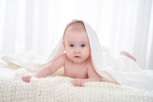 Doce Bebê Está Deitado Cama Sob Cobertor Branco Pequena Criança — Fotografia de Stock