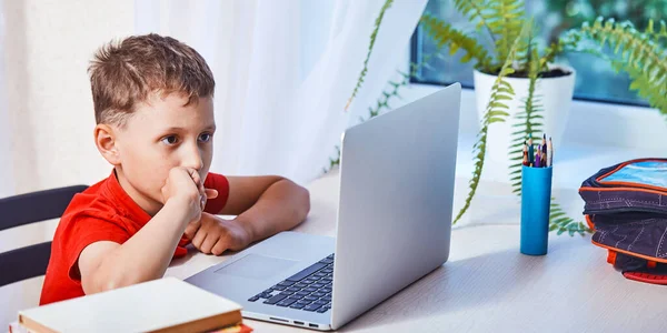 Niño Atento Está Buscando Información Internet Través Computadora Portátil Internet — Foto de Stock