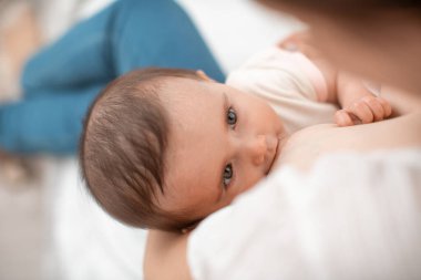 Bebek emzirirken annesinin gözlerinin içine bakıyor. Annesinin memesinden süt emen bir çocuğun yakın plan portresi. Bir kadın bebeğini kollarında emziriyor. annelik kavramı.