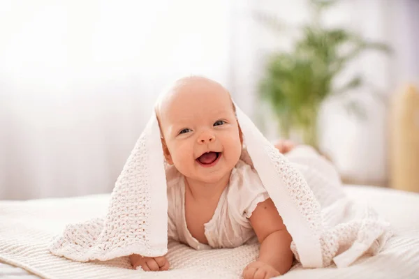 Encantador Bebé Dulce Está Acostado Cama Sonriendo Pequeño Niño Curioso —  Fotos de Stock