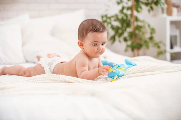Bebê Gordo Bonito Meses Encontra Seu Estômago Cobertor Malha Macia — Fotografia de Stock