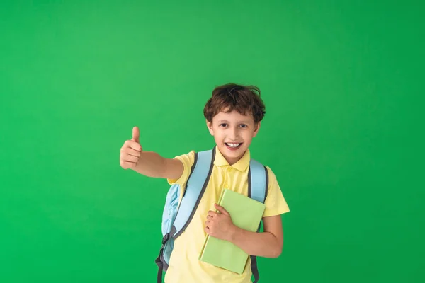 Хлопчик Початкової Школи Книгою Сумкою Щасливий Милий Розумний Хлопчик Шкільною — стокове фото