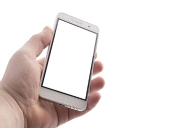 Akıllı telefon boş ekran tutan el. Beyaz arka plan üzerinde izole. Akıllı telefon beyaz ekran. Kadar alay et. yakın çekim.
