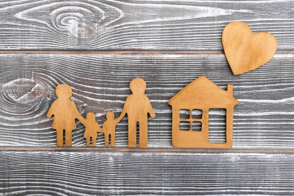 Family Figure Home Hearts Wooden Background — Stock Photo, Image