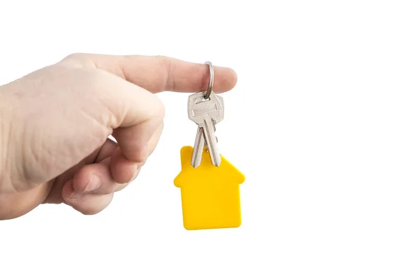 Key Yellow Shaped House Chain Hand White Background Idea Buying — Stock Photo, Image