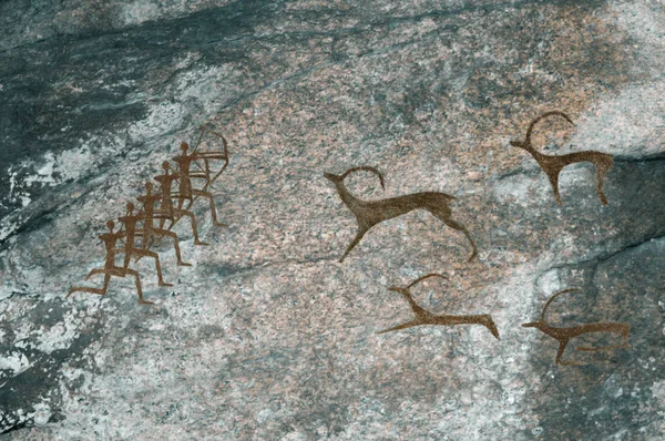 Dessins Dans Grotte Les Gens Préhistoriques Chassent Les Animaux Homme — Photo